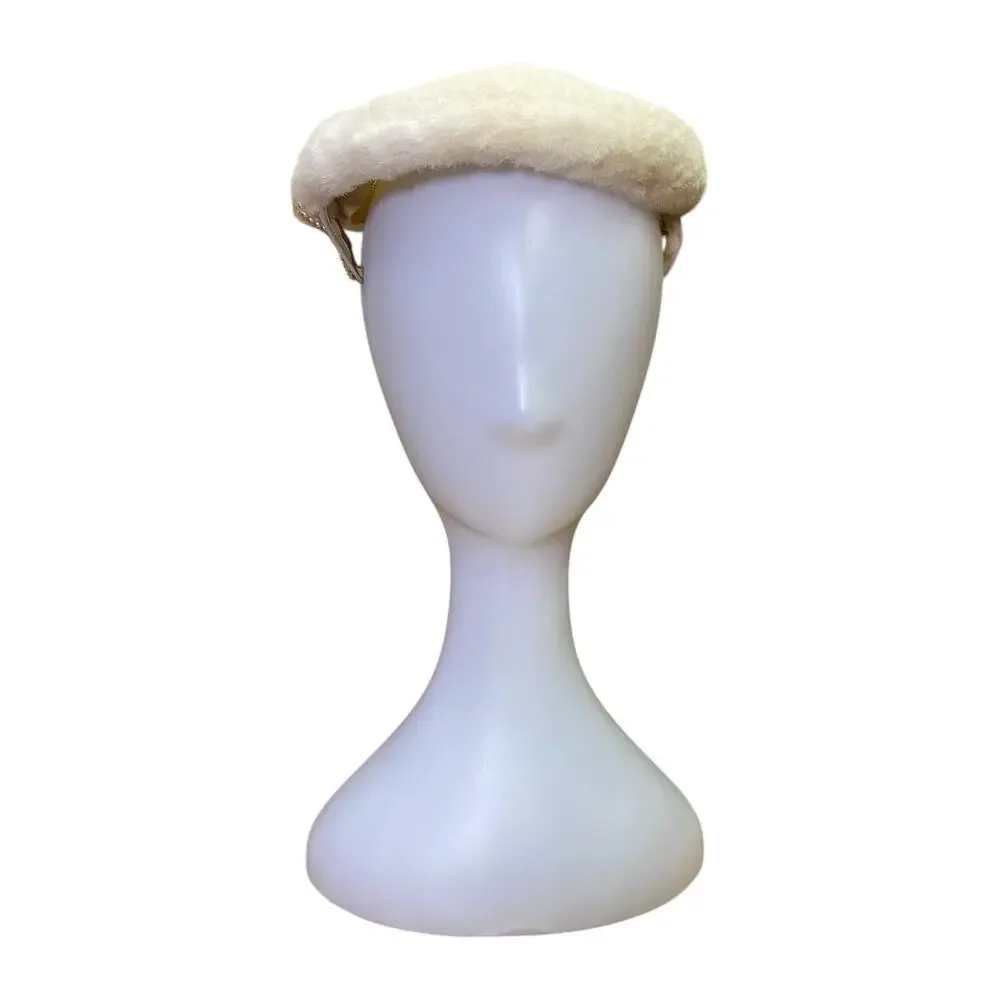 1960s Vintage White Fur Calot Hat Pearl Beaded Vintage Cocktail Topper - Picture 2 of 9